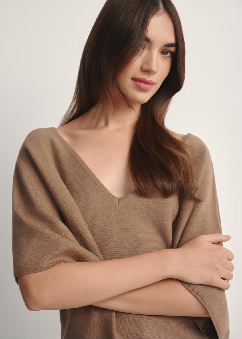 Camel women's blouse BLUDT-0201-1D(W26), front view of the product on the model, half of the silhouette visible.-02