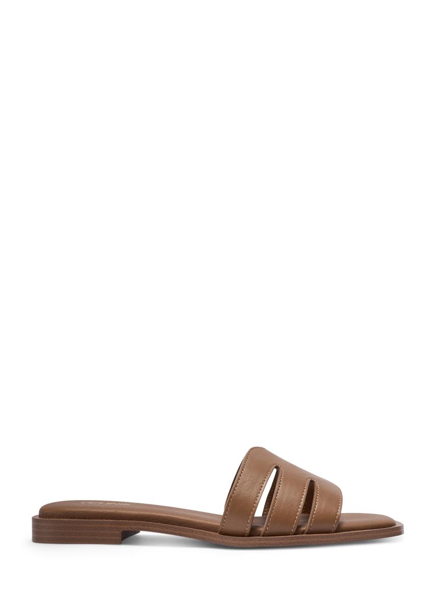 Women's leather camel flip-flops BUTYD-1224-1D(W26), side view of the product on a white background.