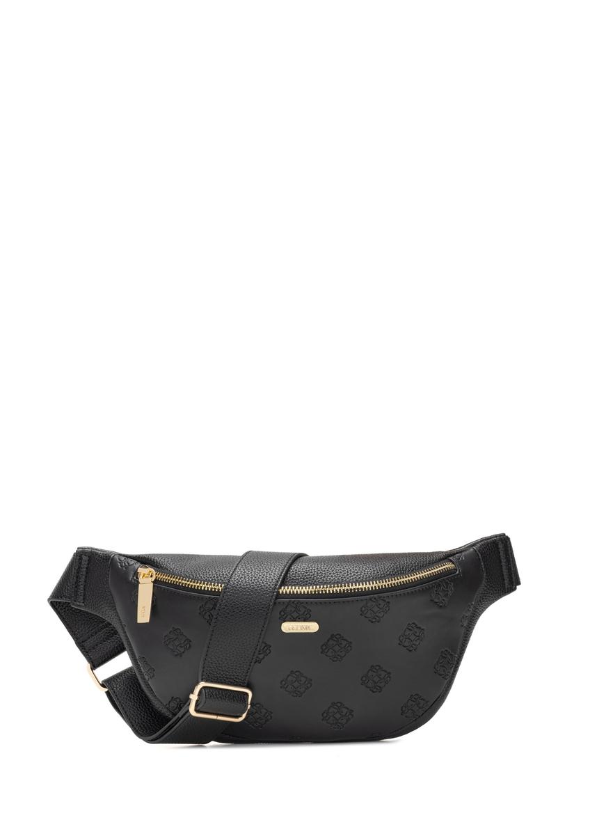 Black women's waist bag with monogram TOREC-1158-9P(W26), front product view on white background.