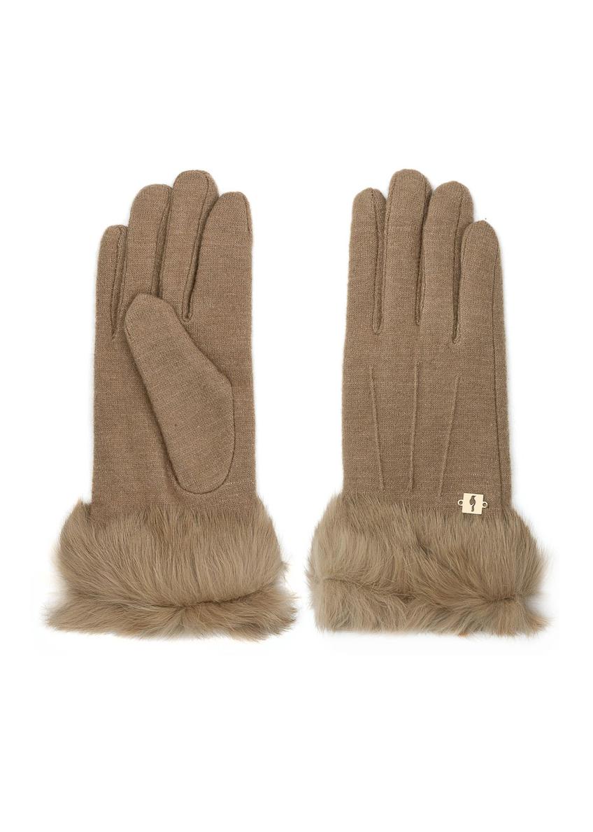 Beige women's wool gloves with fur REKDF-0031A-1B(Z26)