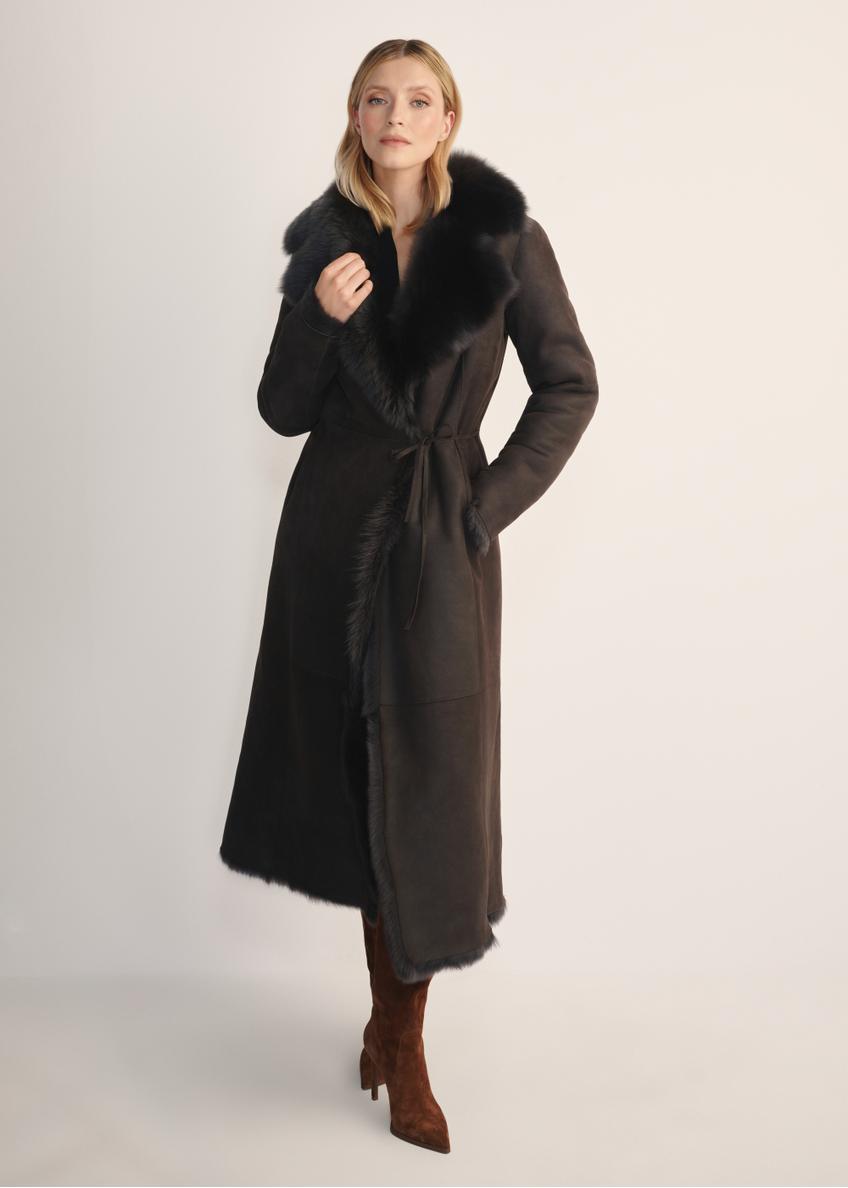 Women's brown double-sided leather sheepskin coat KOZDS-0088-3096(Z25) - front product view on white background. Full body visible.