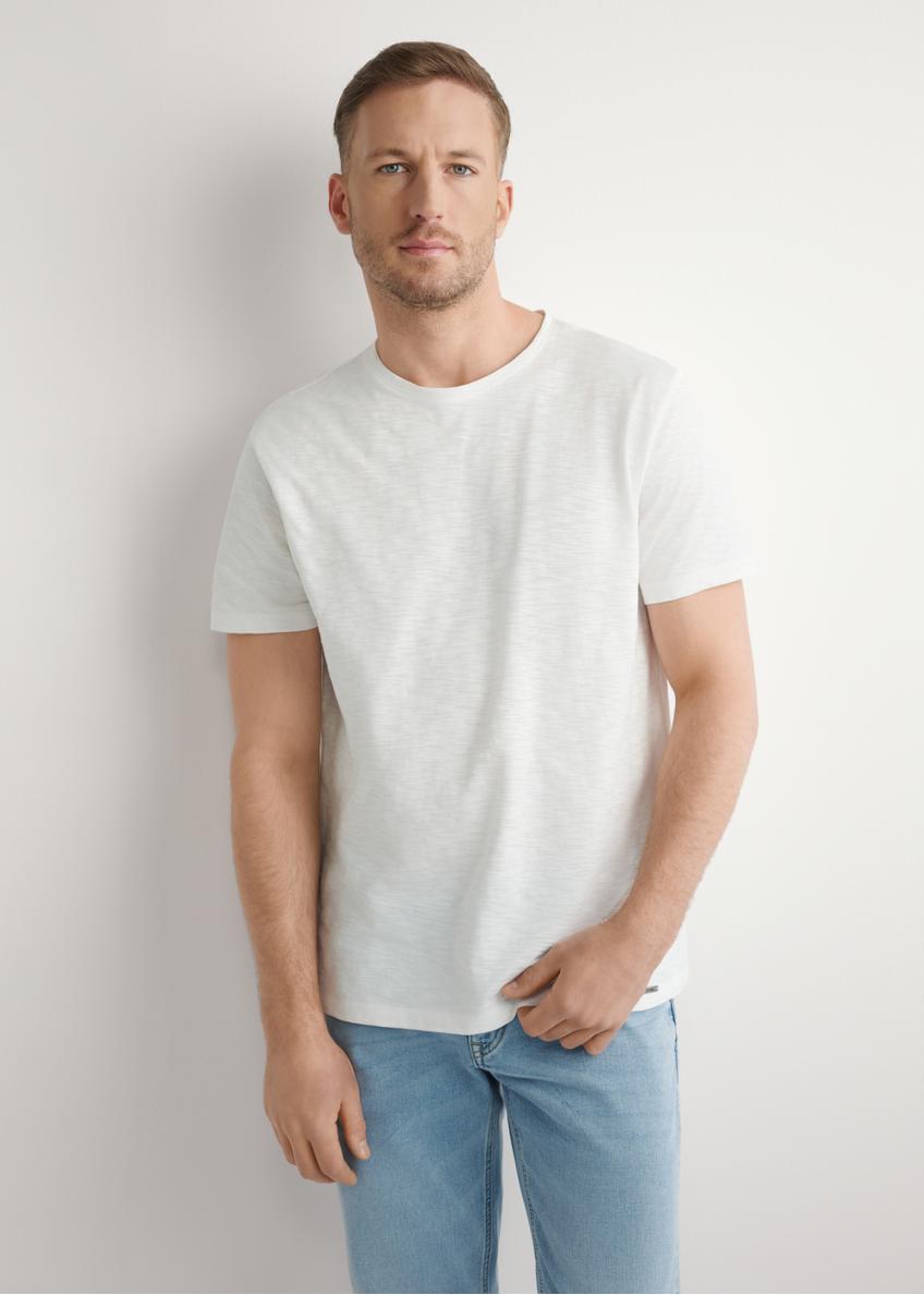 Men's white cotton T-shirt TSHMT-0149-0B(W26), front view of the product on the model. Half of the silhouette visible.