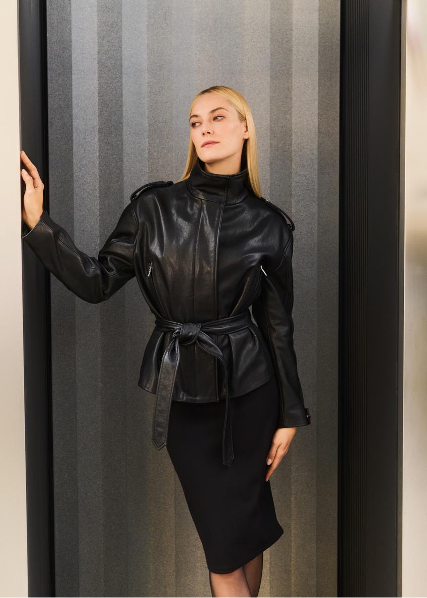 Black women's leather jacket with belt KURDS-0564-0756(Z25)