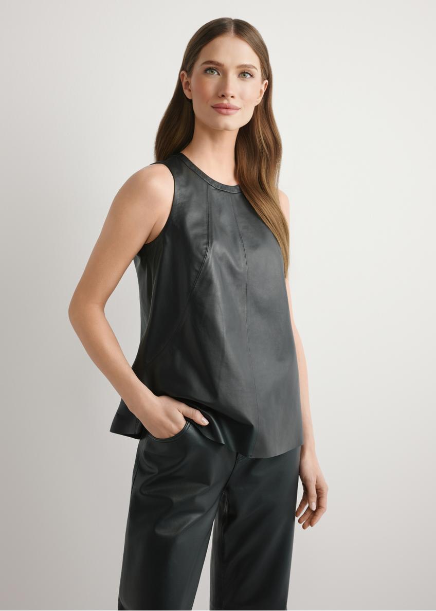 Women's black leather blouse KOSDS-0008-99(W26), front view of the product on the model. Half of the silhouette visible.