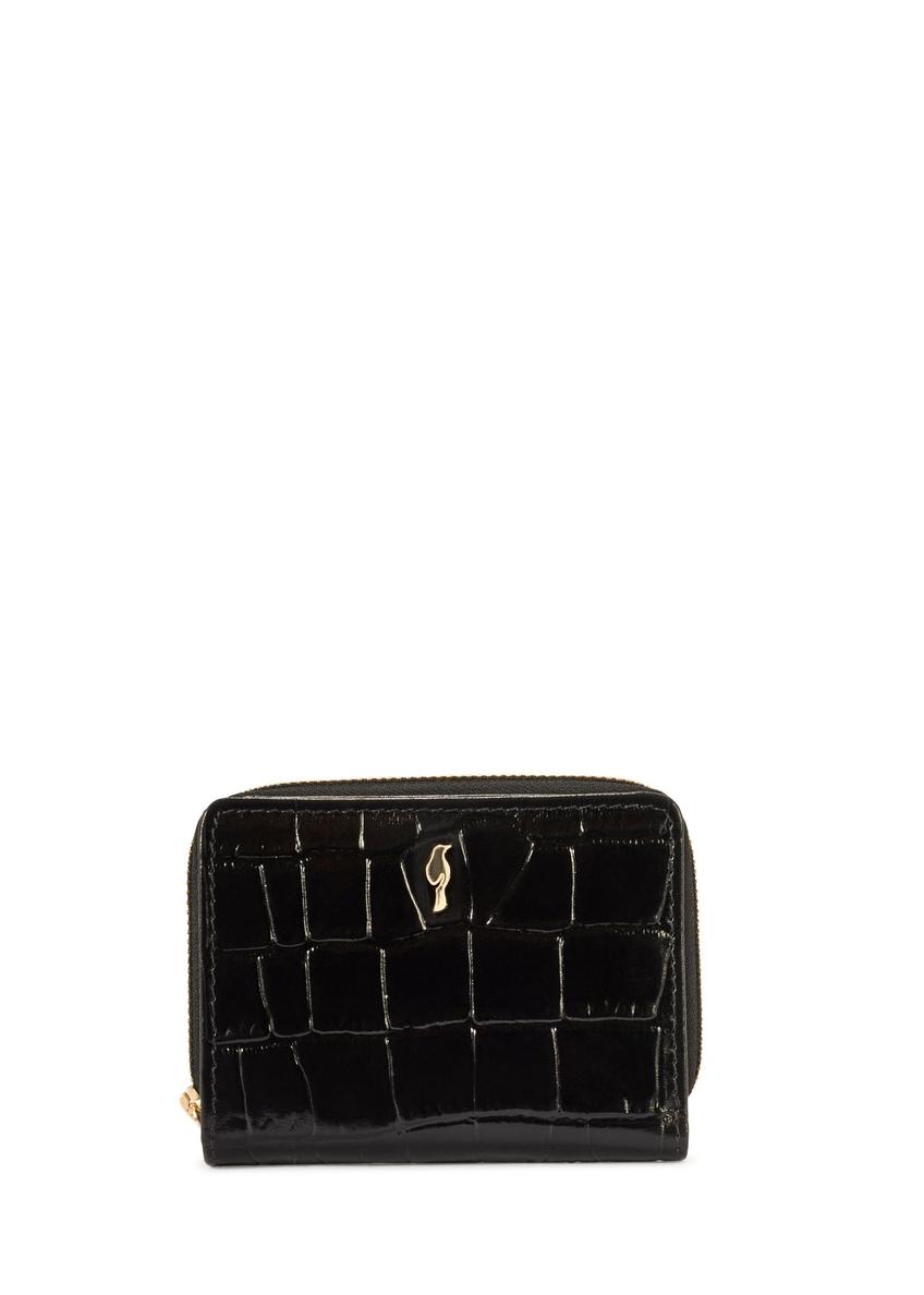 Black women's croco wallet PORES-0888-9G(W26), front product view on white background.