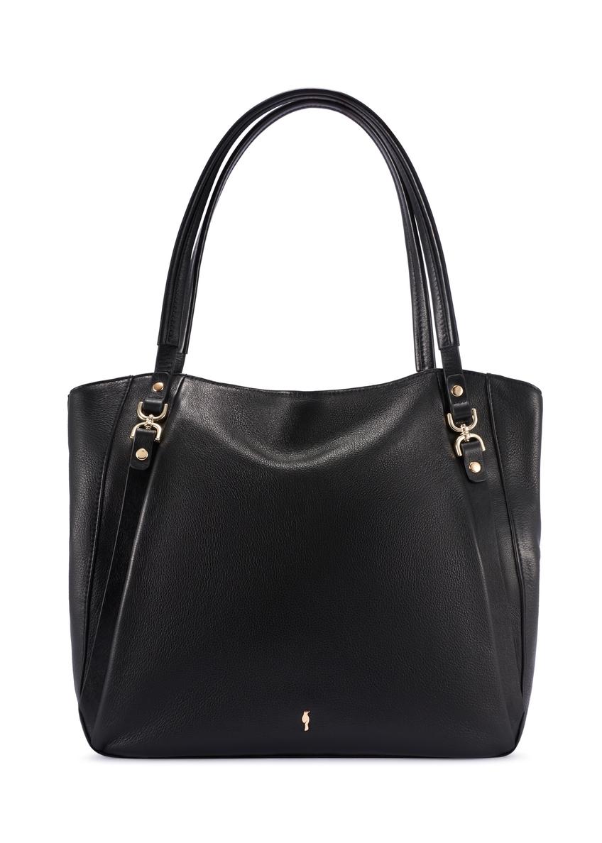 Black leather shopper bag TORES-1223-99(W26), front product view on white background.