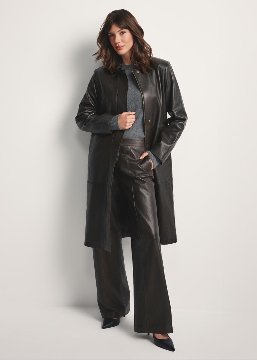 Brown women's long leather jacket KURDS-0544-2868(Z25), front view of the product on the model. Full body visible.