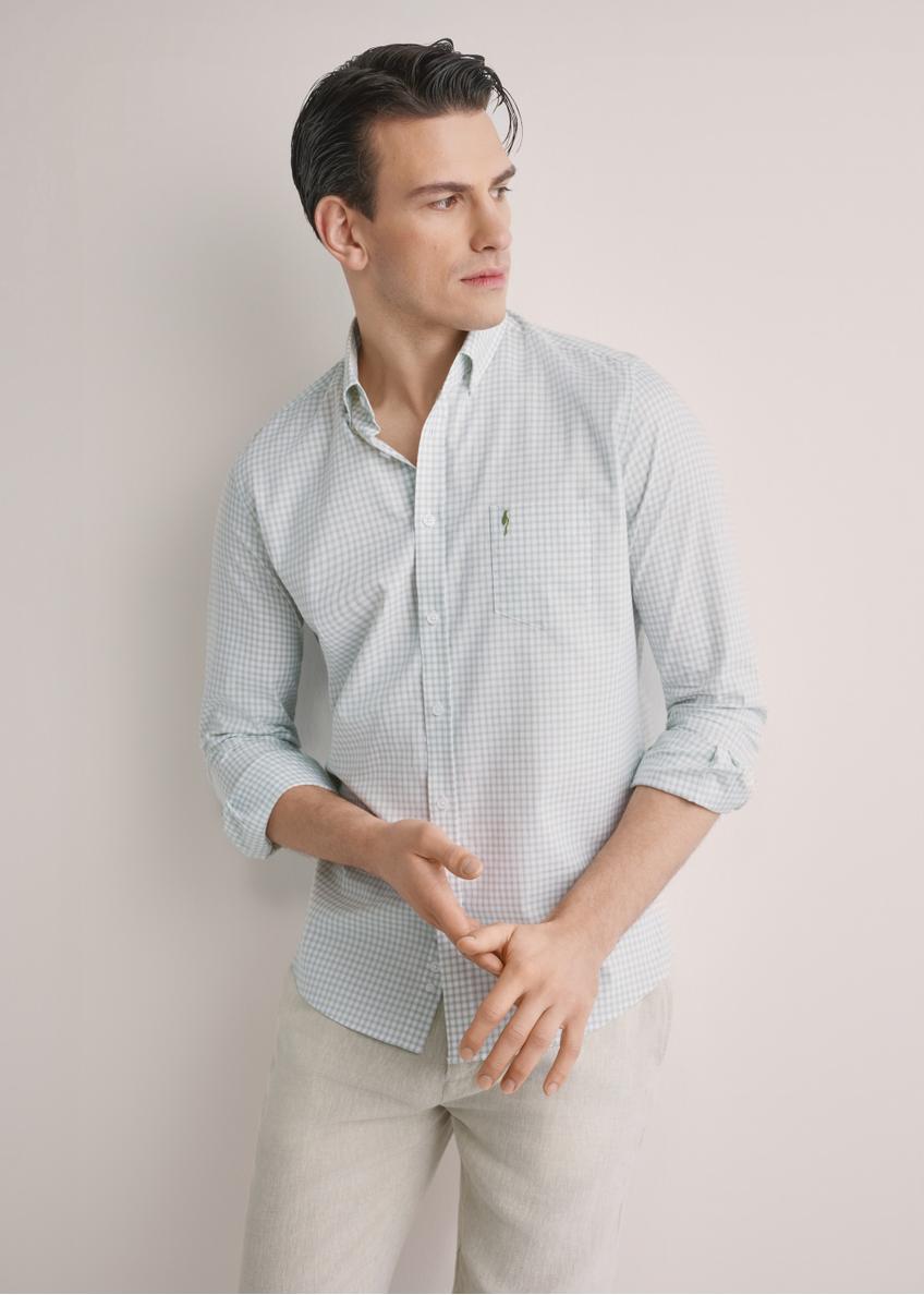 Men's sage check cotton shirt KOSMT-0277-8F(W26), front view of the product on the model. Half of the silhouette visible.