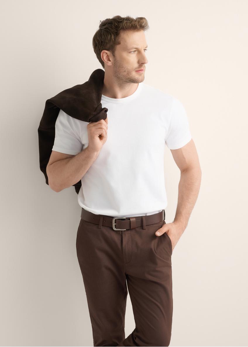 Men's white cotton T-shirt TSHMT-0153-0A(Z26), front view of the product on the model. Half of the silhouette visible.