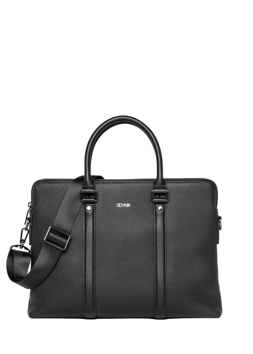 Black leather men's briefcase TORMS-0536-9I(Z26), front product view on white background.