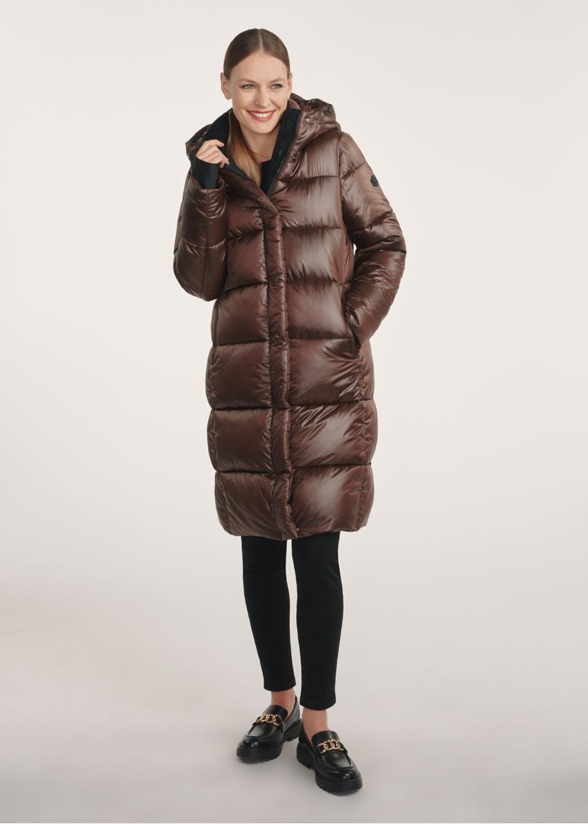 Brown long women's winter jacket KURDT-0531-1H(Z26)- front product view on a model on a white background. The entire silhouette is visible.