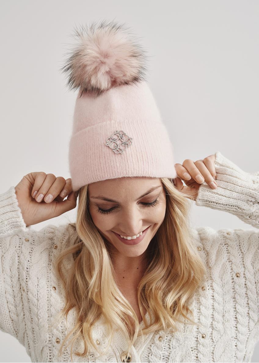 Pink women's cap with pompom CZADT-0153-34(Z23)-01