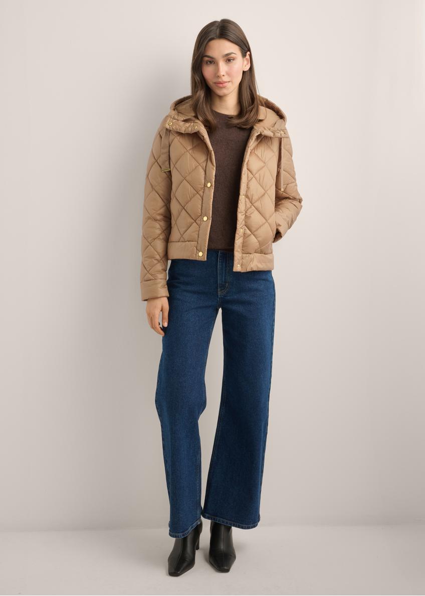 Women's camel quilted jacket KURDT-0678-1D(Z26), front view of the product on a model. Full body view.