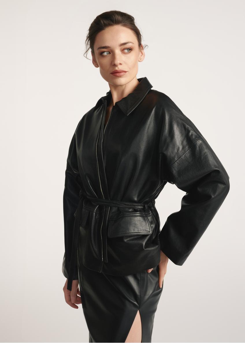 Black women's leather jacket with tie KURDS-0547-2861(Z25)
