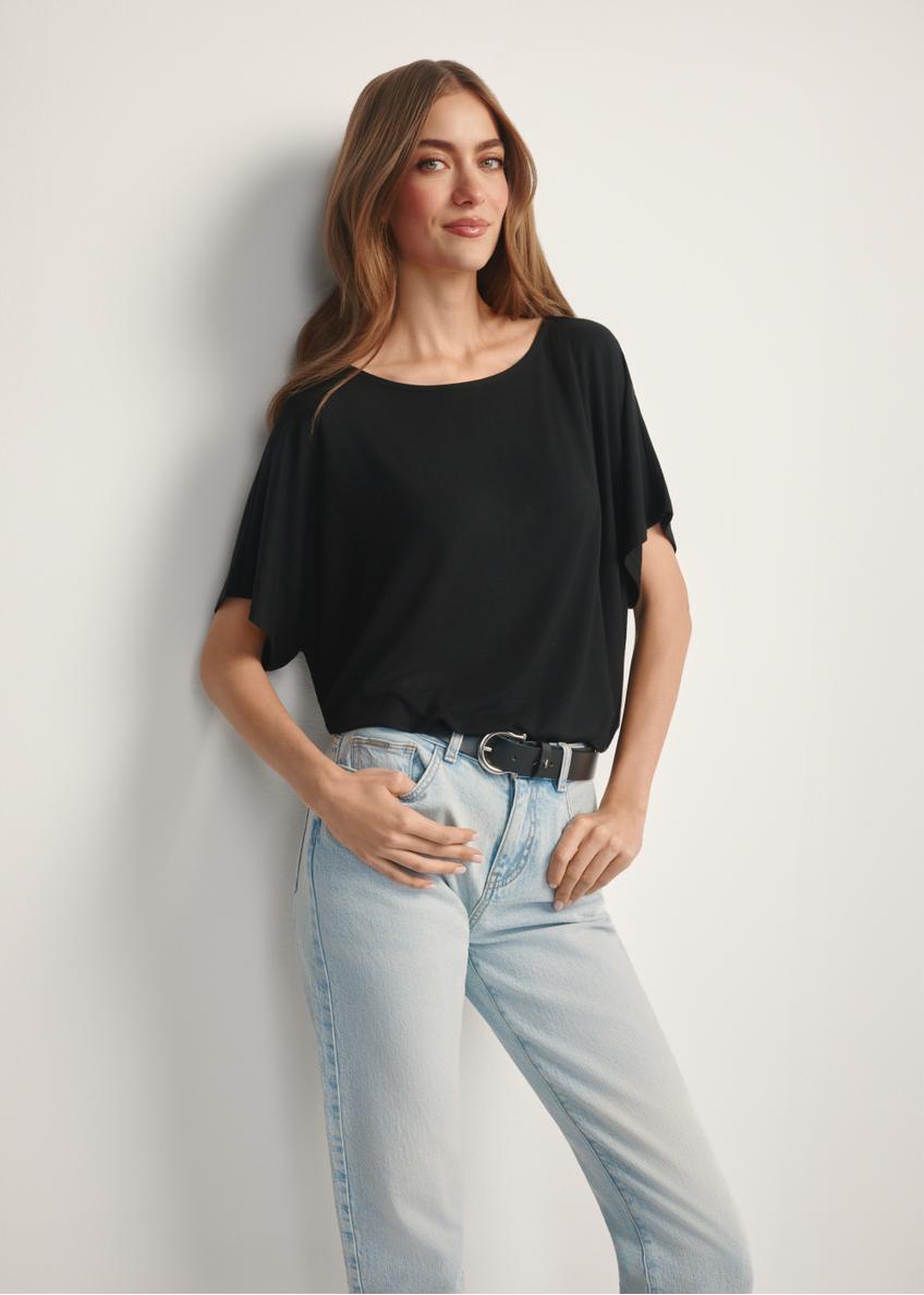 Women's black ribbed blouse BLUDT-0170-99(W25), front view of the product on the model. Half of the silhouette visible.