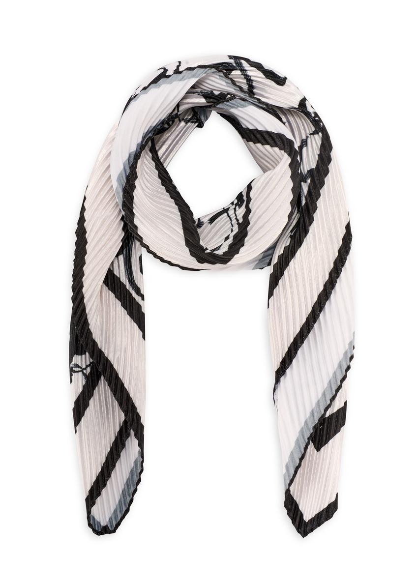 Beige women's scarf with black patterns SZADT-0172-1P(W26), front product view on a white background.