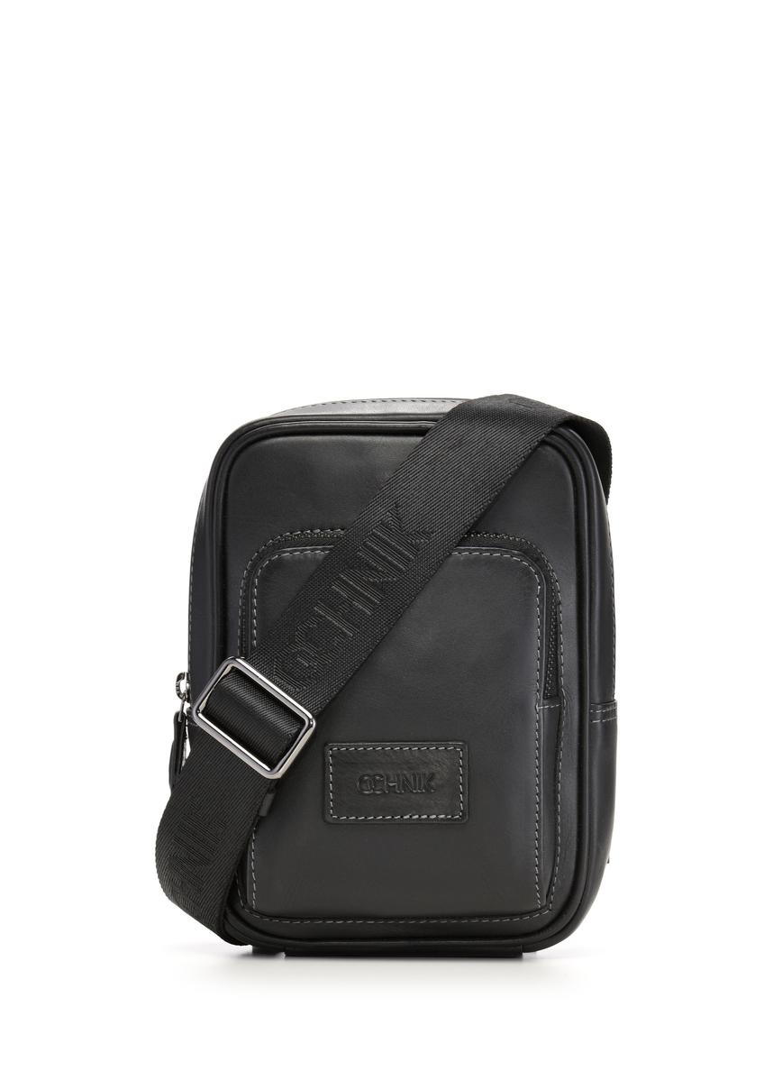 Black leather men's shoulder bag TORMS-0527-99(Z26) - front product view, on white background.