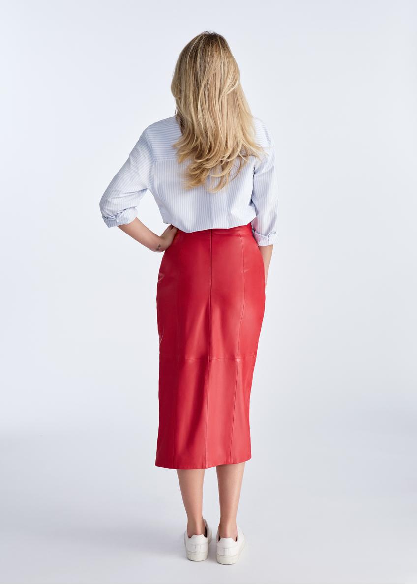 Long red leather women's skirt with slit SPCDS-0075-1391(W25)