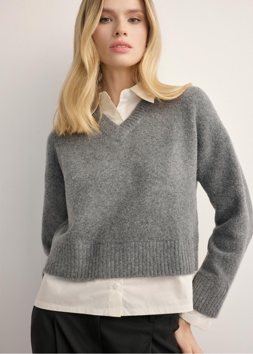 Gray women's sweater with collar SWEDT-0264-9D(Z26), front product view. Half silhouette visible.