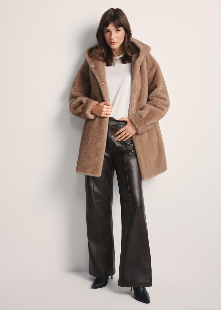 Women's beige fur coat with hood FUTDP-0062-1B(Z26)  front view of the product on the model. Full body visible.