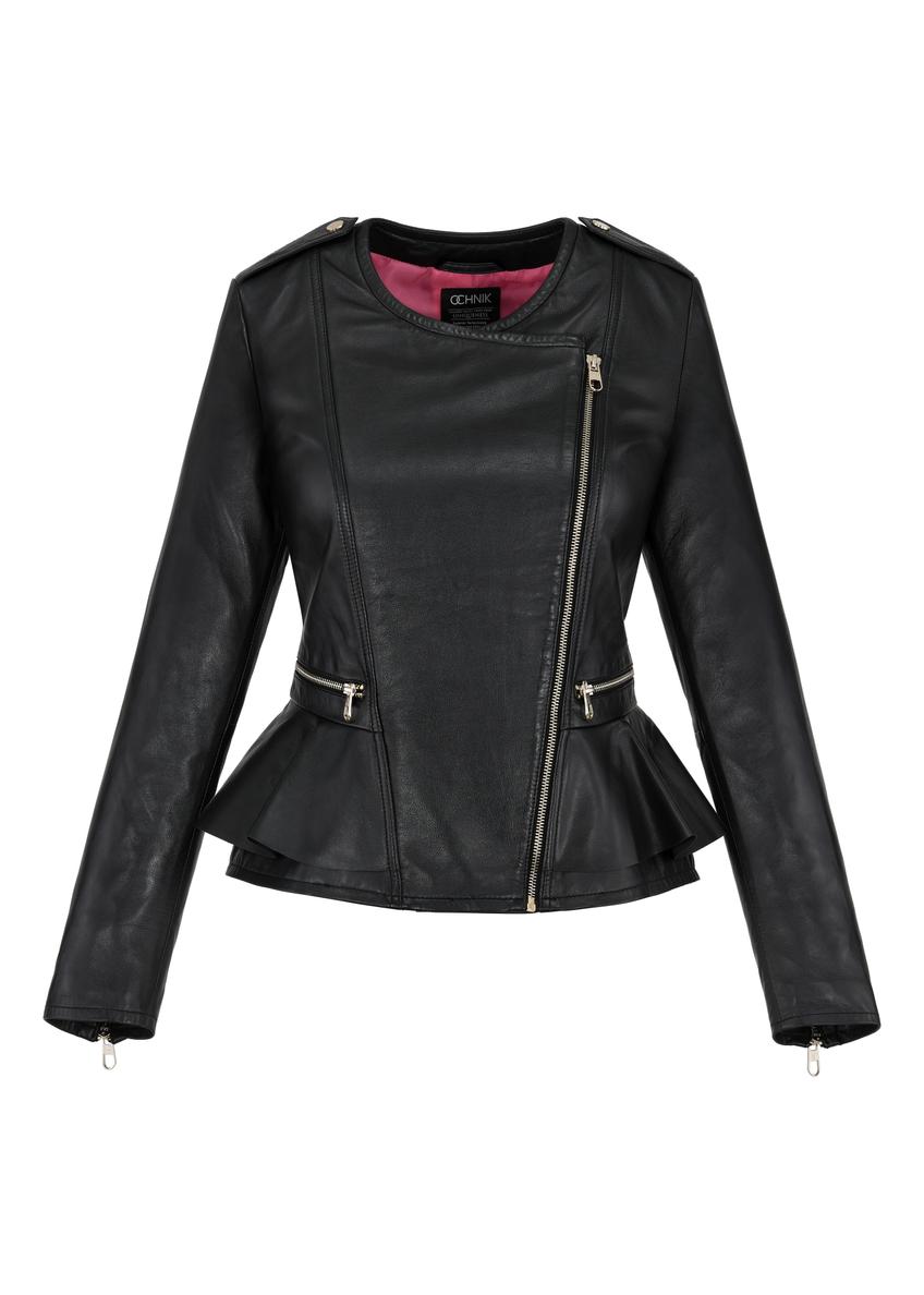 Black leather jacket with basque for women KURDS-0474-1040(W24)-05
