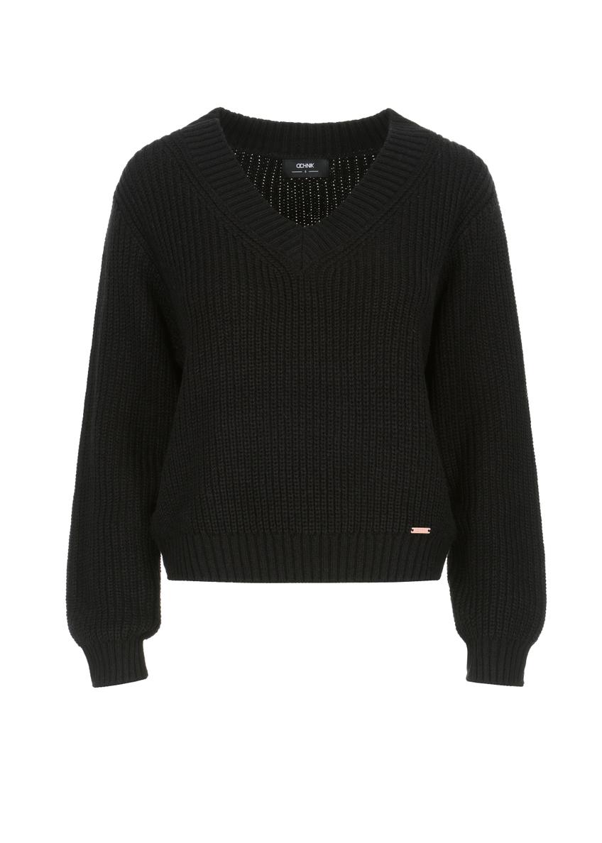 Black women's V-neck sweater SWEDT-0162-99(Z25)