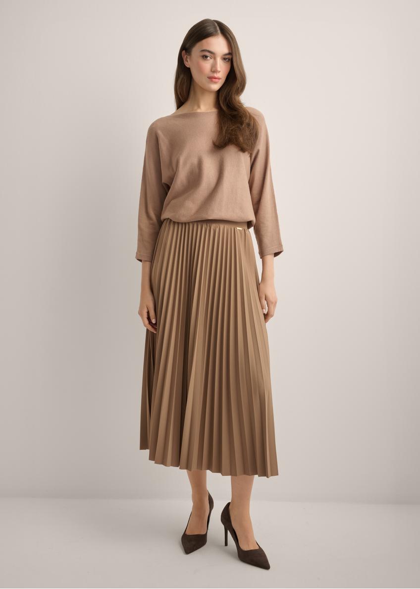 Camel Pleated Midi Skirt SPCDT-0096-1D(Z26), front view of the product on the model. Full silhouette visible.