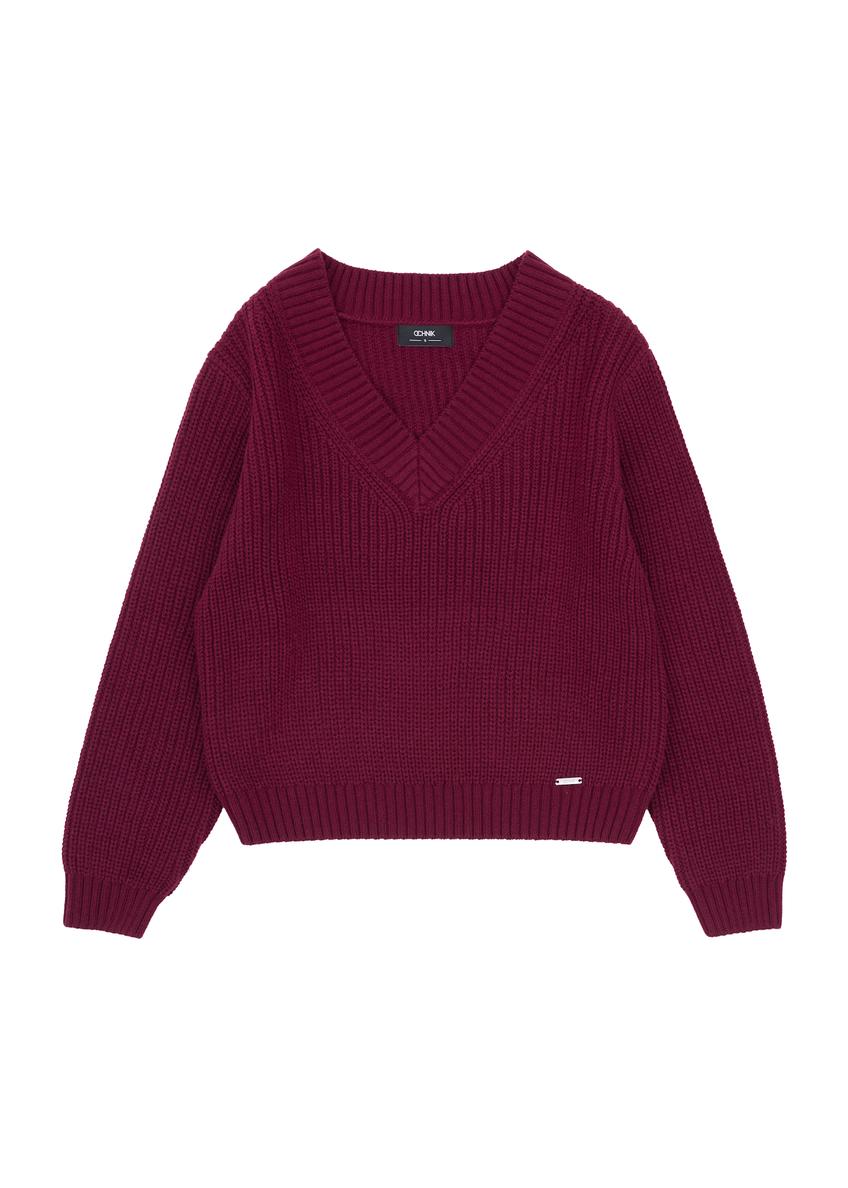 Burgundy women's V-neck sweater SWEDT-0162-49(Z25), product visible from the front, on white background.
