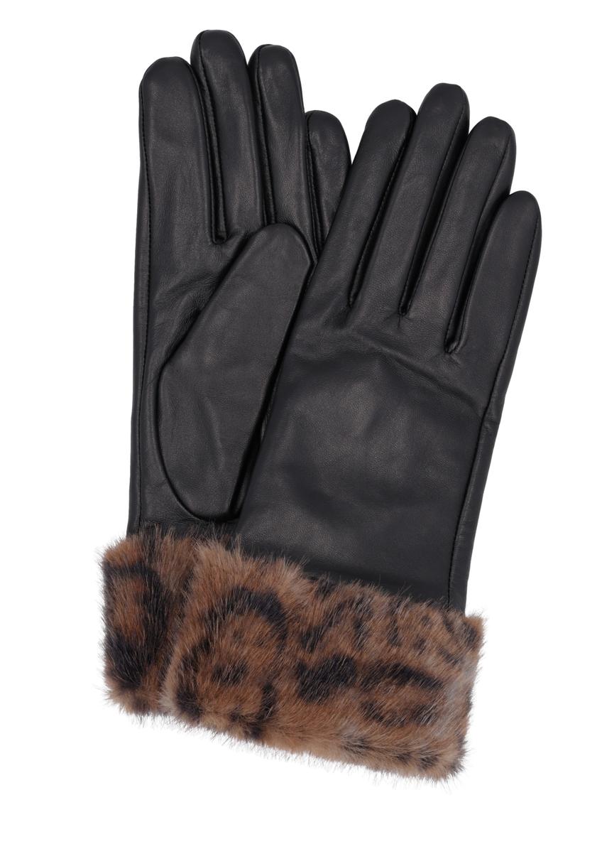 Women's black leather gloves with fur REKDS-0110-99(Z26), product view from above on white background.