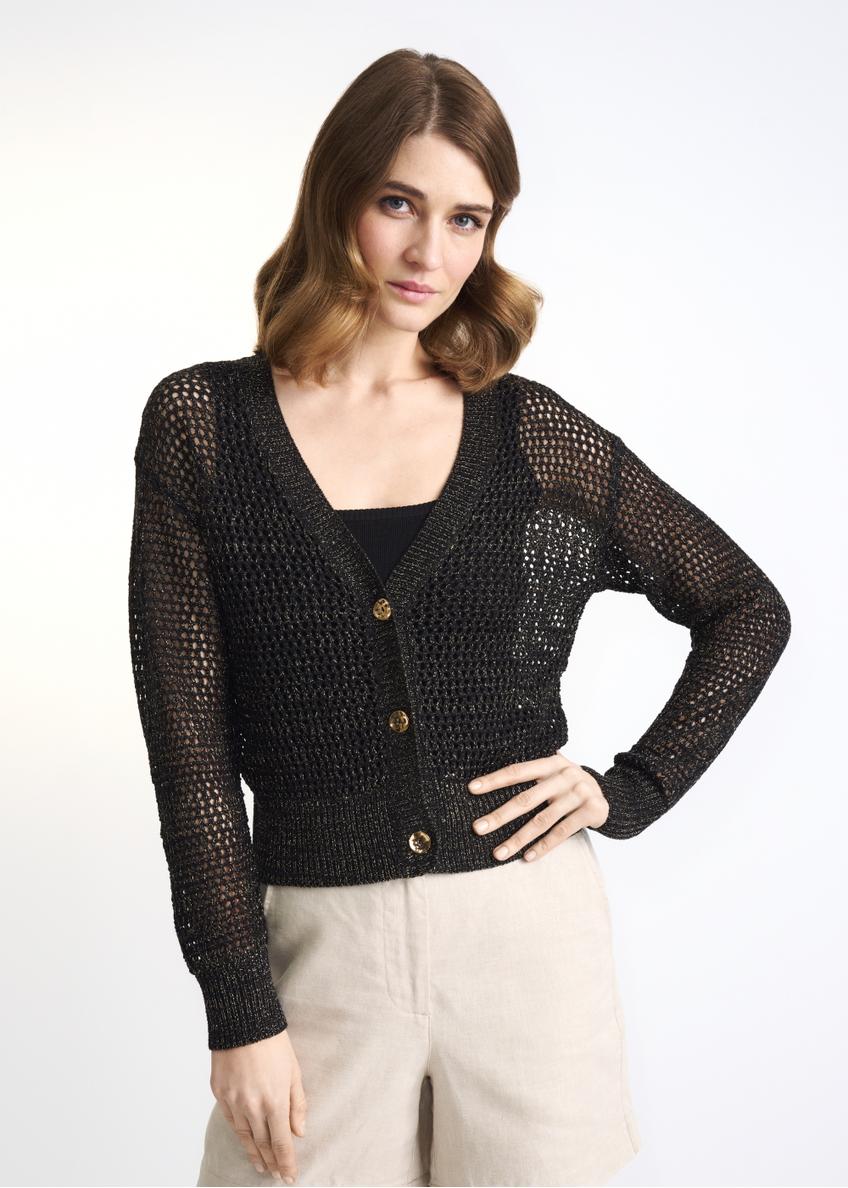 Women's openwork button-up sweater SWEDT-0158-99(W22)-01