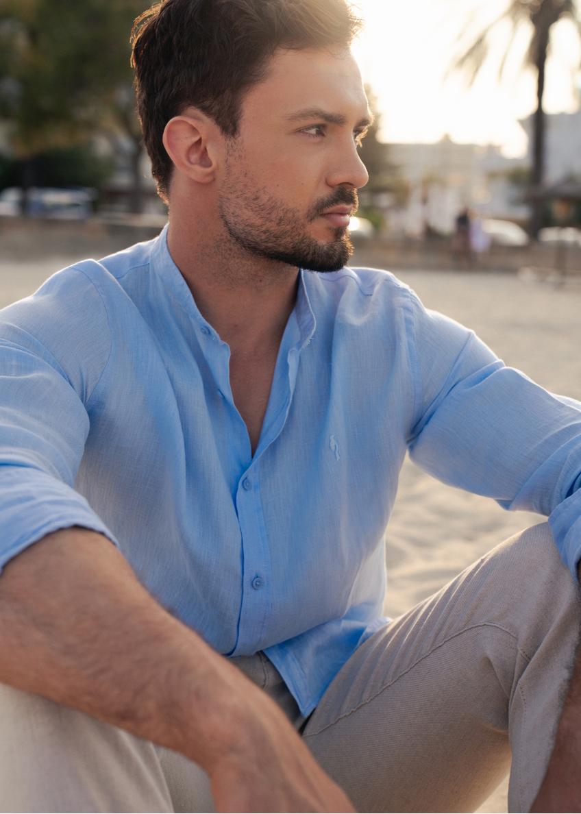 Blue linen men's shirt KOSMT-0337-60(W25)