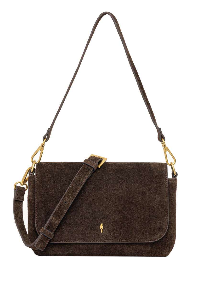 Women's brown suede messenger bag TORES-1388-1I(Z26), front product view on white background.