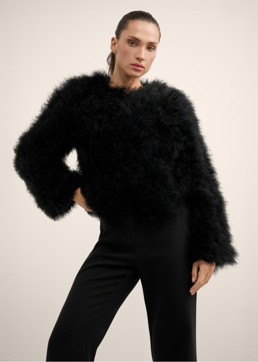 Women's black turkey feather fur coat FUTDF-0097A-99(Z26), front view of the product on the model. Half of the silhouette visible.