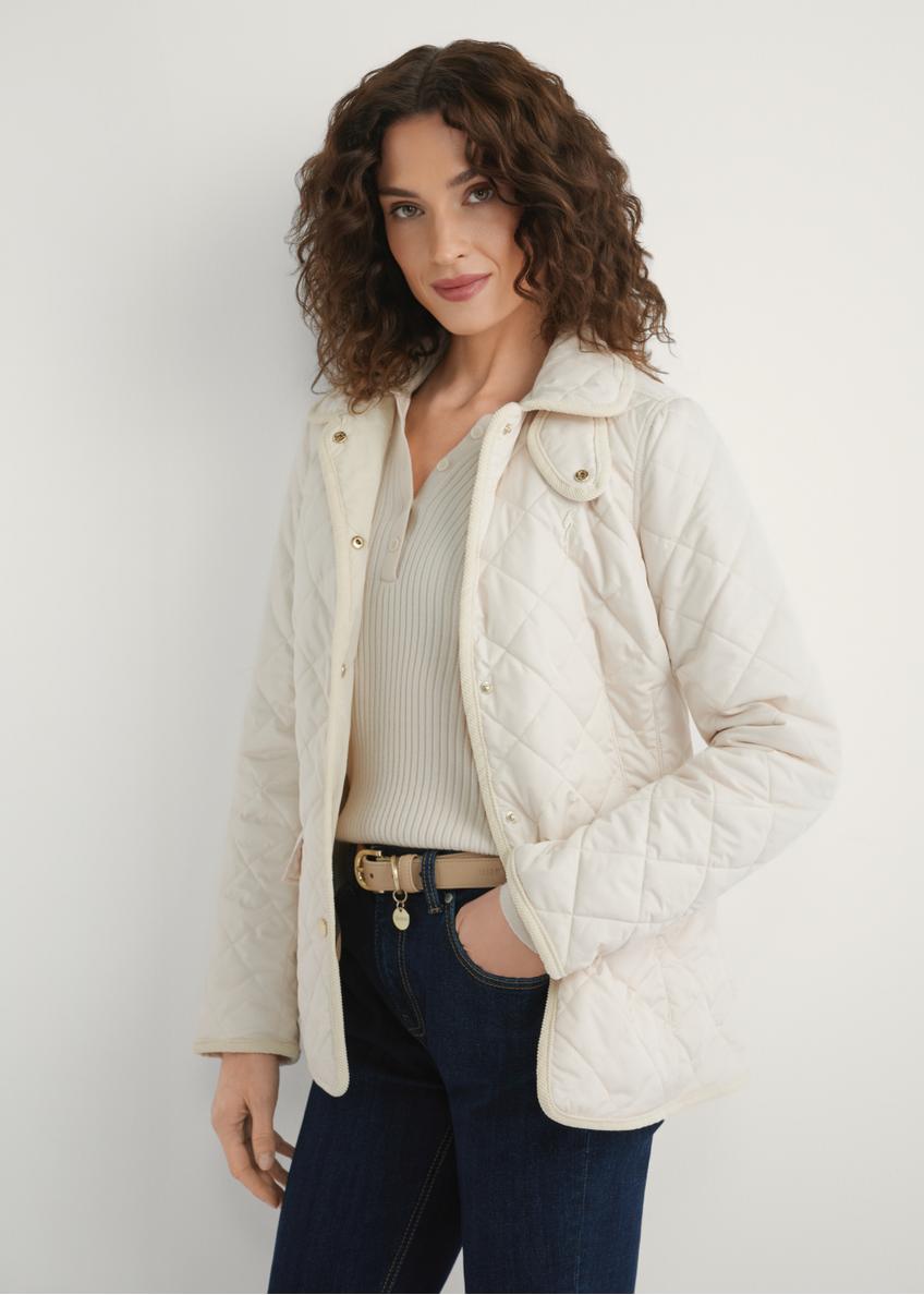 Light beige women's transitional jacket KURDT-0640-0B(W26) - front product view, against a light background. Mid-length silhouette visible.