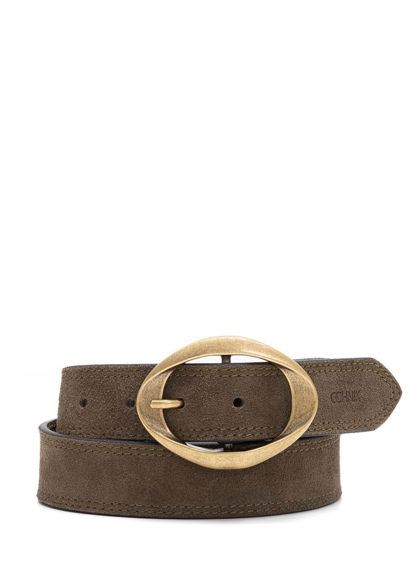 Olive suede women's belt PASDS-0318-57(Z25), front product view on white background.