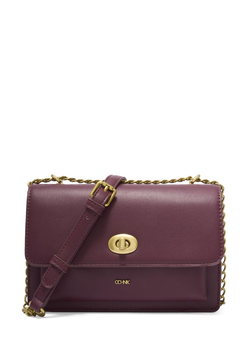 Small burgundy women's handbag with an elegant clasp TOREC-1322-4D(Z26), front product view on a white background.