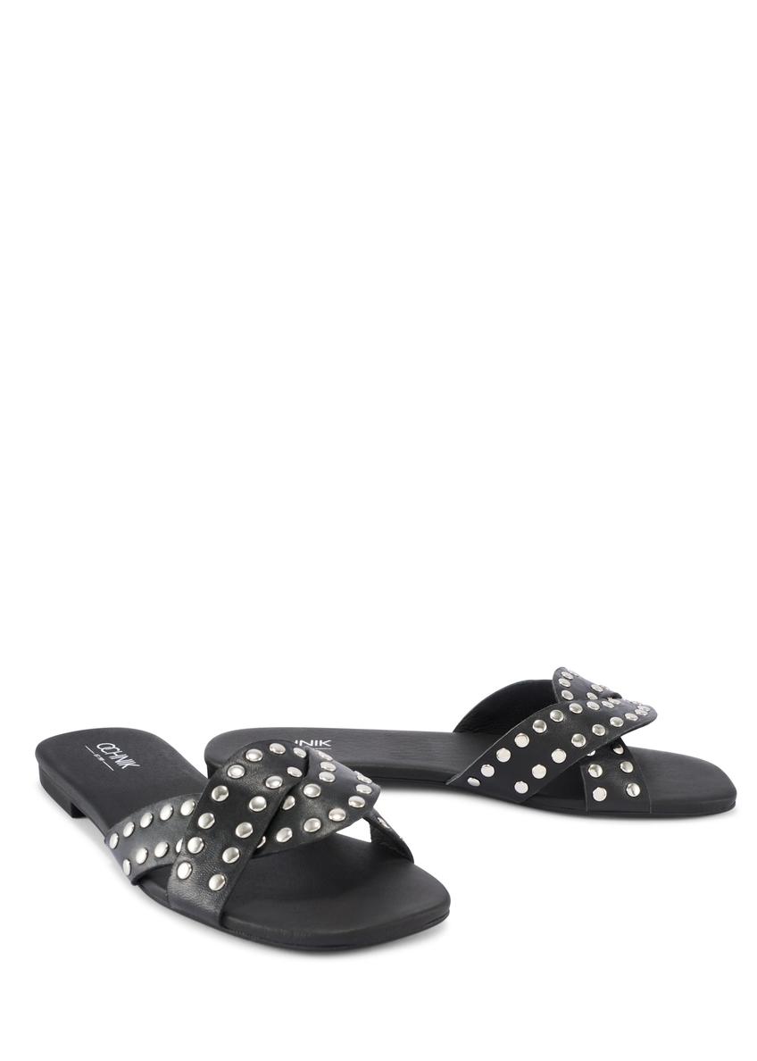 Women's black leather slides with rhinestones BUTYD-1226-99(W26)