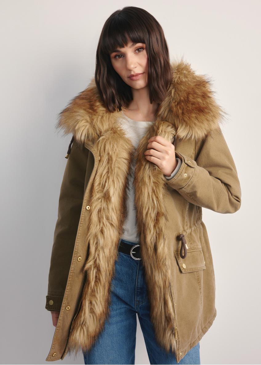 Beige women's jacket with fur KURDT-0612-81(Z25) - front view of the product on a model against a white background. Half of the silhouette visible.