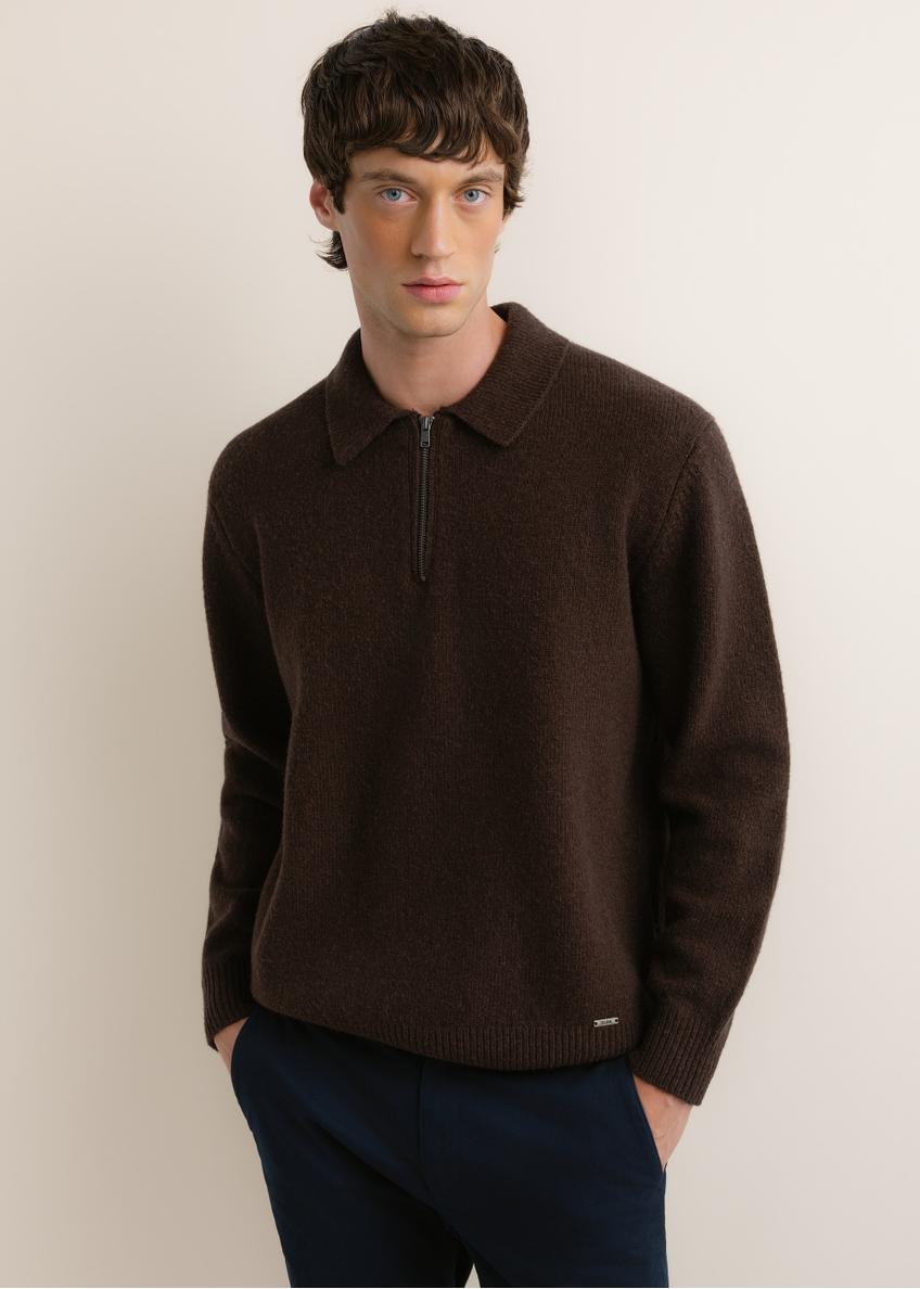 Dark brown men's wool sweater SWEMT-0212-1I(Z26), front view of the product on the model. Half of the silhouette visible.
