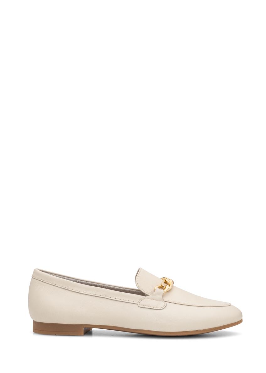 Women's cream leather loafers with chain BUTYD-0914A-0B(W26)