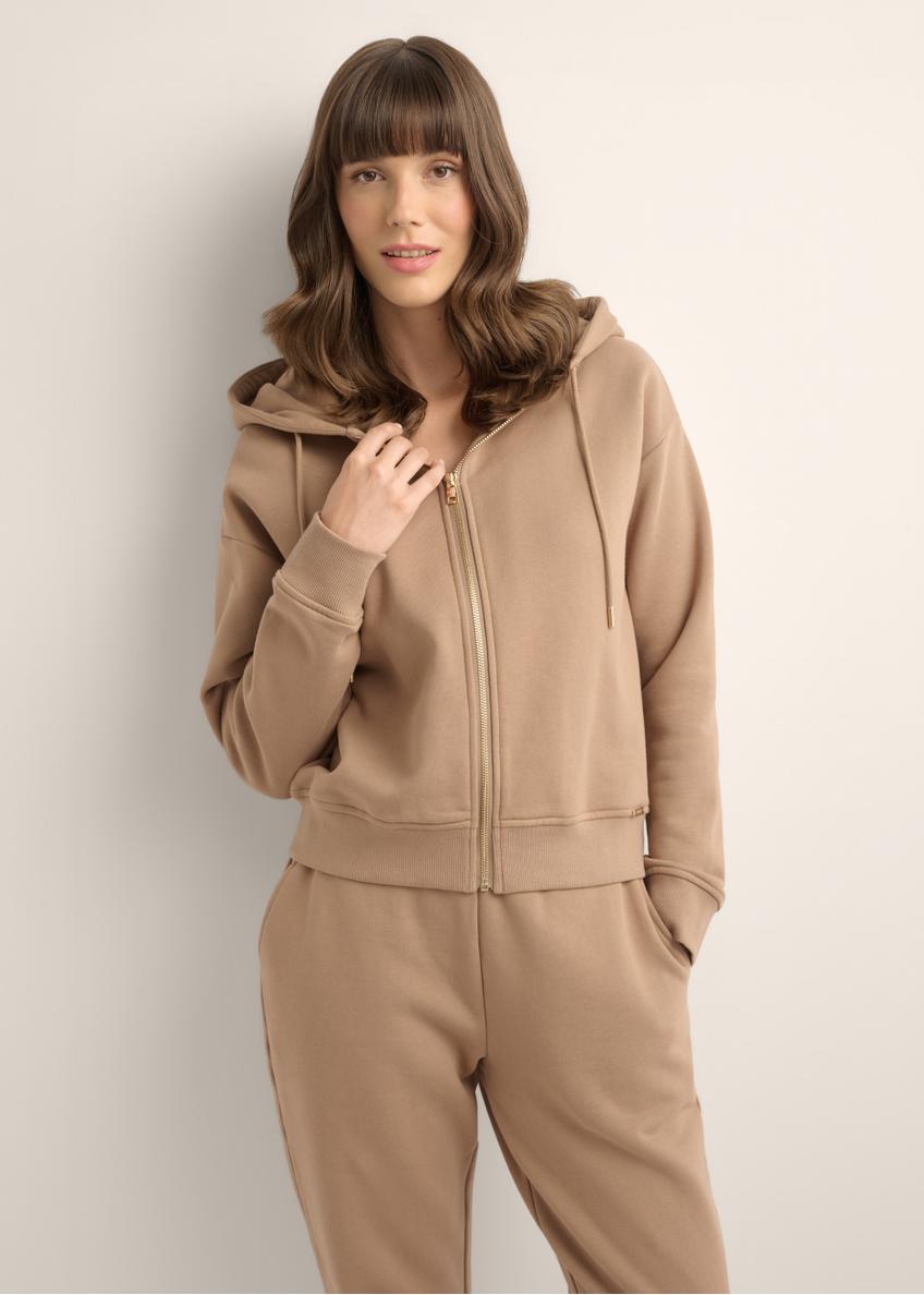 Women's camel zip-up hoodie BLZDT-0122-1D(Z26), front view of the product on the model. Half of the silhouette visible.