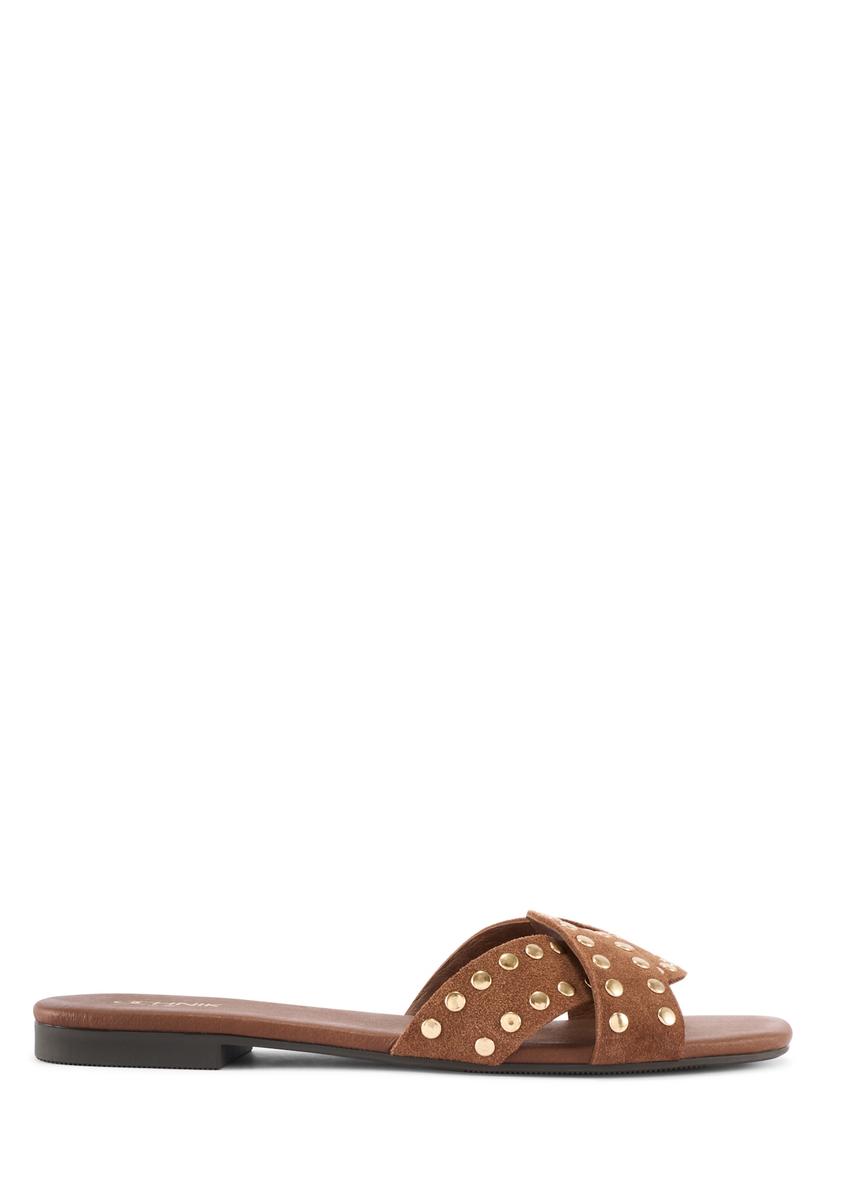 Women's camel leather mules with rhinestones BUTYD-1226-1D(W26), side view of the product on a white background.