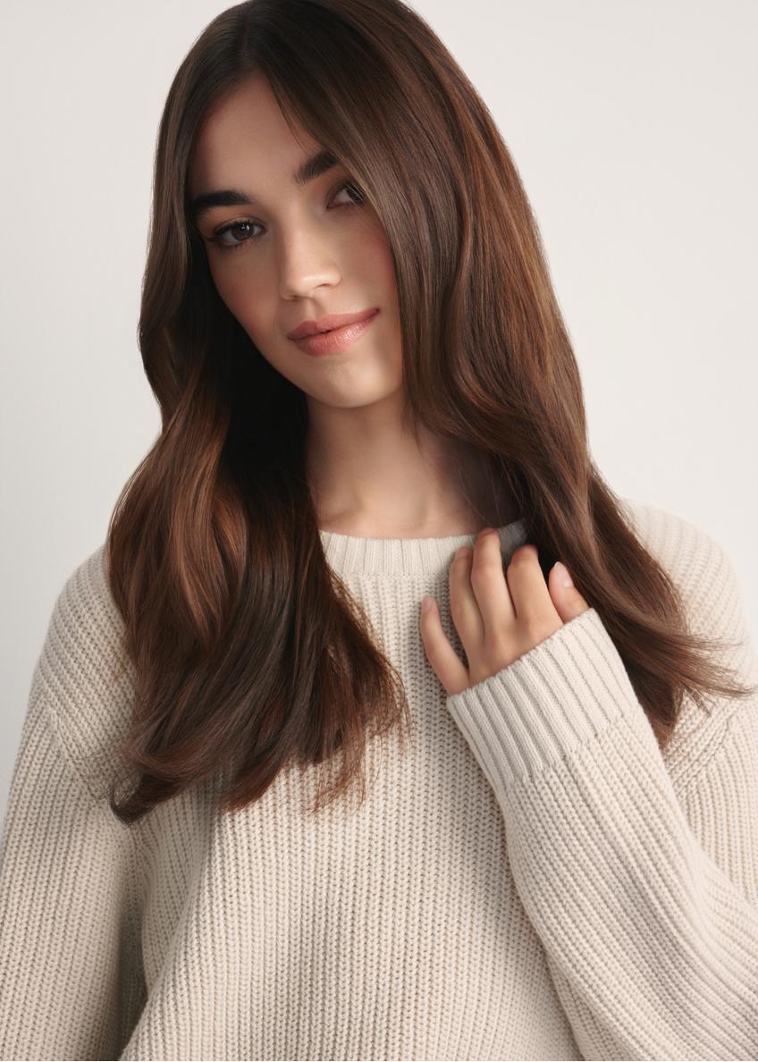 Beige women's sweater SWEDT-0238-81(Z25), close-up of the product on a model against a light background.