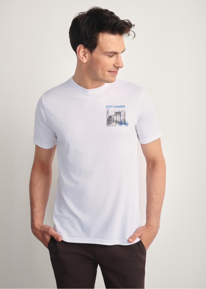 Men's white T-shirt with print TSHMT-0133-11(Z25), front view of the product on the model. Half of the silhouette visible.