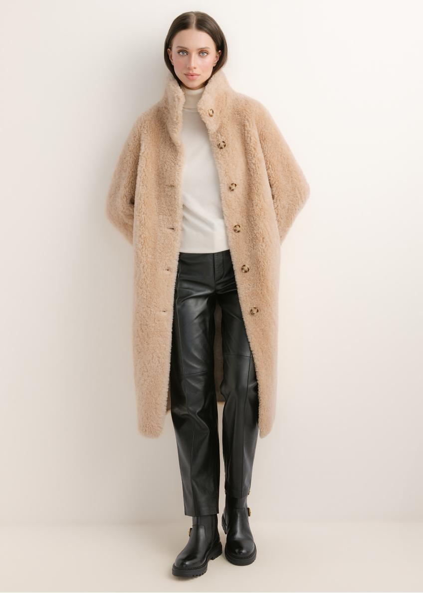 Cream women's wool coat FUTDW-0046-1A(Z26) – front view of the product on a model against a light background. Full-body shot.