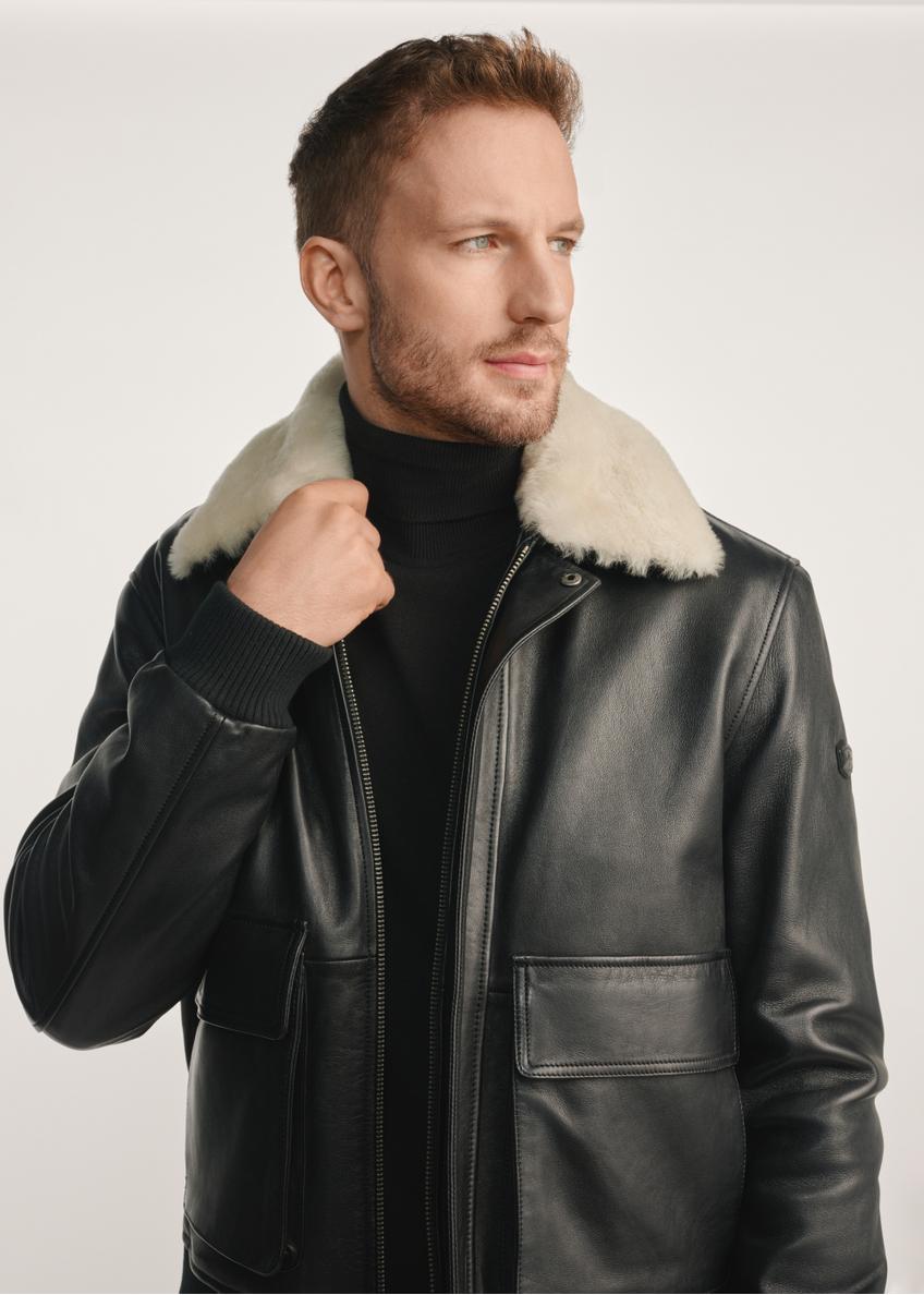 Black men's leather pilot jacket KURMS-0378-2745(Z25), front view of the product on the model, half of the silhouette visible.