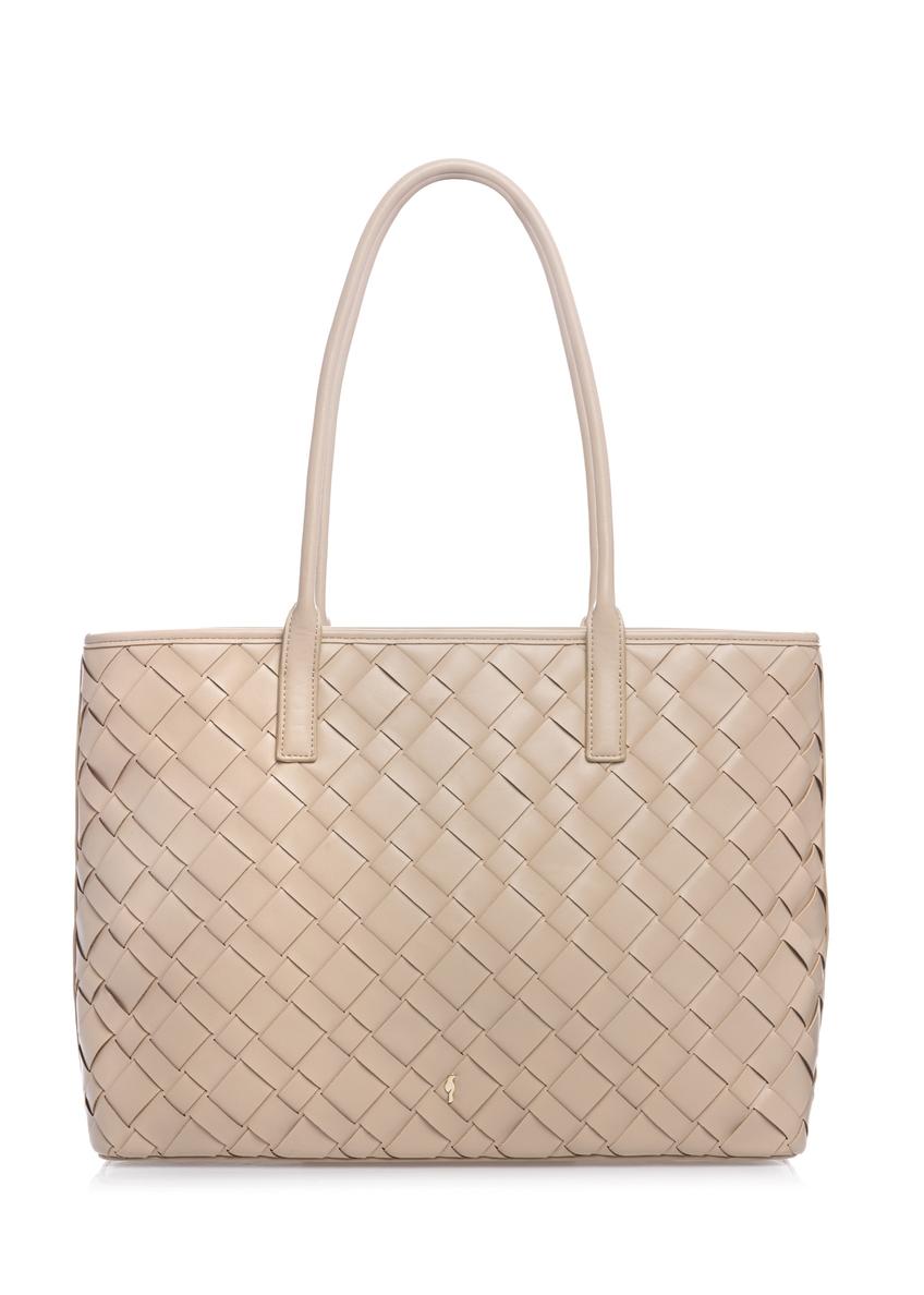 Large light beige women's handbag with braid TOREC-1168-1A(W26), front product view on white background.