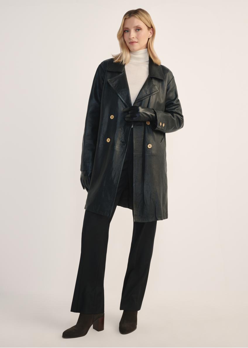 Women's leather jacket in the form of a coat KURDS-0443-1313(Z25), product view from the front on the model, the entire silhouette is visible.