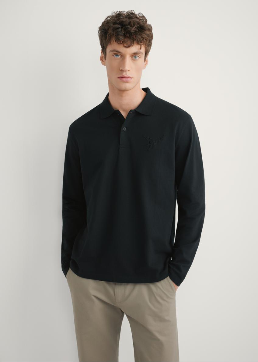 Men's black longsleeve with collar LSLMT-0011-99(W26), front view of the product on the model. Half of the silhouette visible.