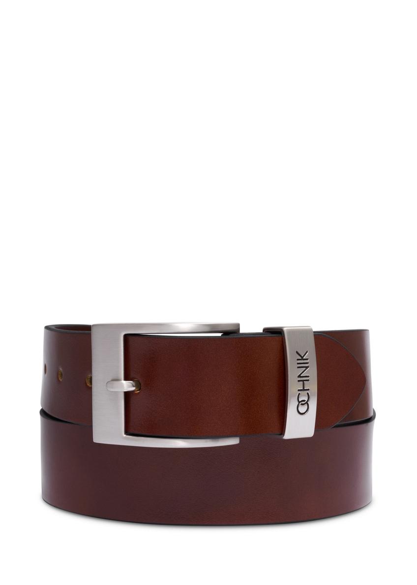 Men's cognac-colored leather belt PASMS-0127-1F(Z26), front view of the product on a white background.